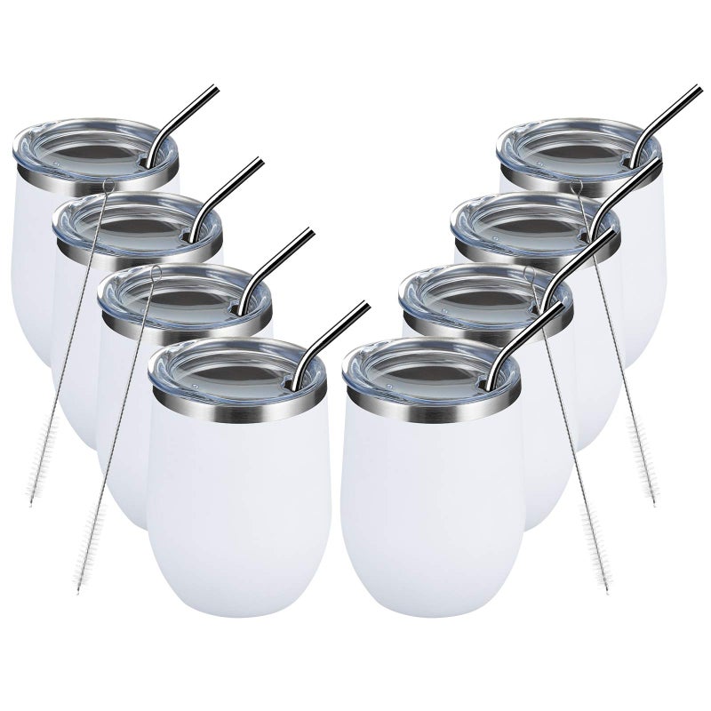 MEWAY 12oz/8 Pack Wine Tumbler Glasses with Lid - Stemless Double Wall Vacuum Stainless Steel Travel Tumbler - Keeping Cold & Hot for Wine,Coffee,Cocktails,Drinks-Family and Gifts (White,Set of 8) - Image 1
